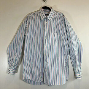 Burberry London Mens 16.5 L Dress Shirt Blue Green Coral Stripe 100% Cotton